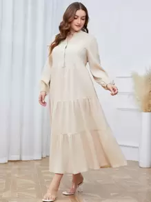 Mulvari Đầm Plus Size Nút phía trước Viên lá sen màu trơn Giải trí - Màu be - Xem 5