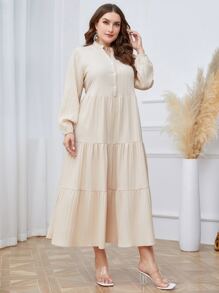 Mulvari Đầm Plus Size Nút phía trước Viên lá sen màu trơn Giải trí - Màu be - Xem 6
