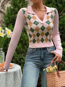 Jersey crop con patrón de rombo - Rosa - Ver 1