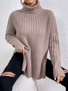 SHEIN Frenchy Turtleneck Drop Shoulder Split Hem Jumper - Mocha Brown - View 4