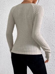 SHEIN Frenchy Square Neck Raglan Sleeve Ribbed Knit Tee - Apricot - View 2