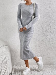 SHEIN Frenchy Solid Ribbed Knit Bodycon Dress - Grey - View 1