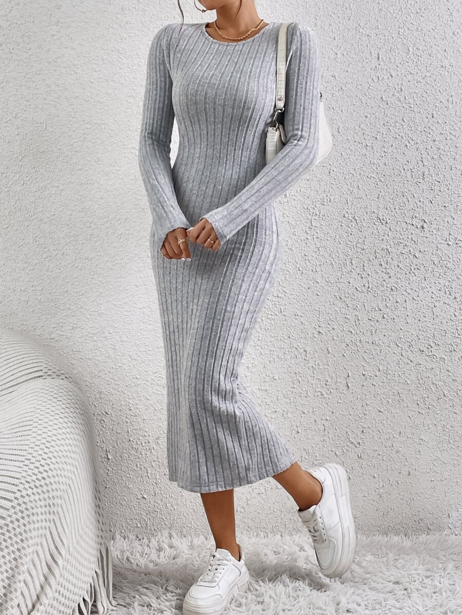 SHEIN Frenchy Solid Ribbed Knit Bodycon Dress - Grey - View 1