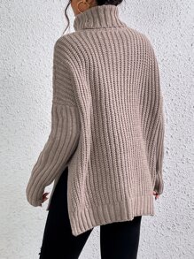 SHEIN Frenchy Turtleneck Drop Shoulder Split Hem Jumper - Mocha Brown - View 2