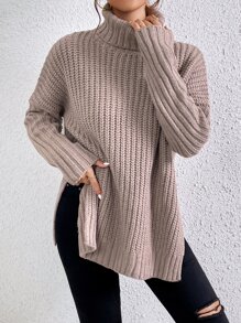 SHEIN Frenchy Turtleneck Drop Shoulder Split Hem Jumper - Mocha Brown - View 3