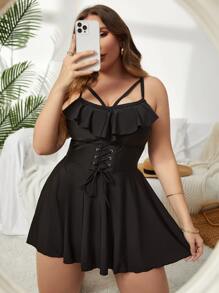 SHEIN Swim Curve Hơn Chất rắn Bikini Ba Lỗ Bộ Viền Ruffle Lace lên phía trước Áo nịt ngực Bơi Váy Dây & Quần short 2 mảnh Bộ đồ tắm - màu đen - Xem 1