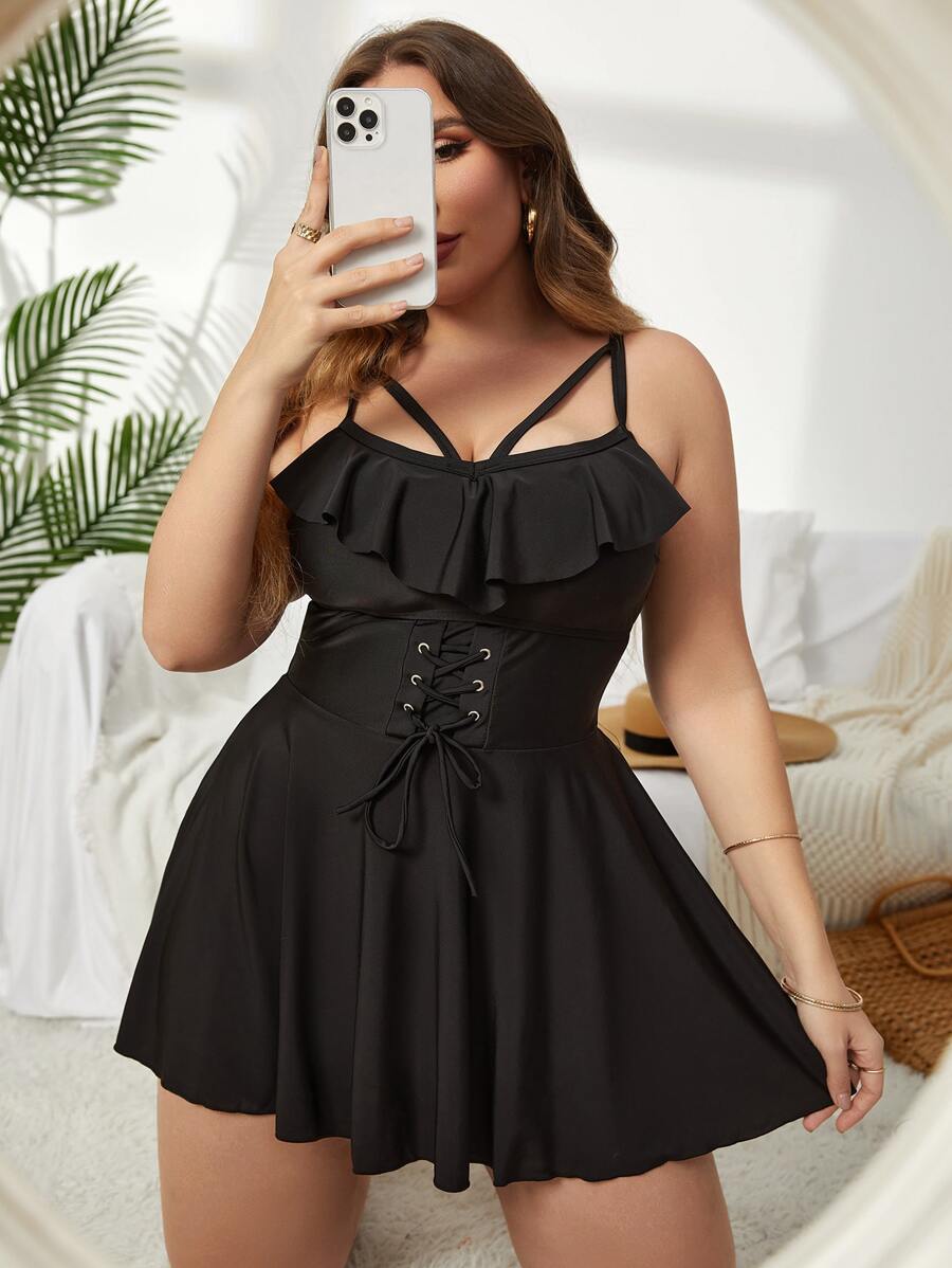 SHEIN Swim Curve Hơn Chất rắn Bikini Ba Lỗ Bộ Viền Ruffle Lace lên phía trước Áo nịt ngực Bơi Váy Dây & Quần short 2 mảnh Bộ đồ tắm - màu đen - Xem 1