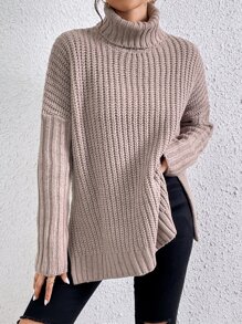 SHEIN Frenchy Turtleneck Drop Shoulder Split Hem Jumper - Mocha Brown - View 1