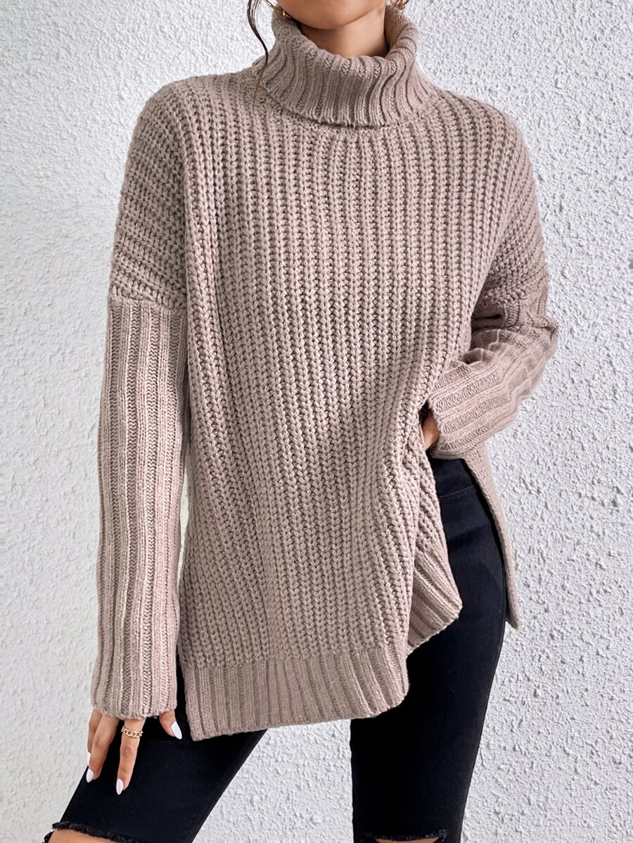 SHEIN Frenchy Turtleneck Drop Shoulder Split Hem Jumper - Mocha Brown - View 1