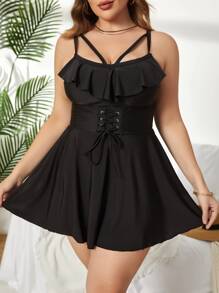 SHEIN Swim Curve Hơn Chất rắn Bikini Ba Lỗ Bộ Viền Ruffle Lace lên phía trước Áo nịt ngực Bơi Váy Dây & Quần short 2 mảnh Bộ đồ tắm - màu đen - Xem 3