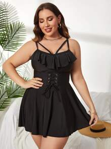 SHEIN Swim Curve Hơn Chất rắn Bikini Ba Lỗ Bộ Viền Ruffle Lace lên phía trước Áo nịt ngực Bơi Váy Dây & Quần short 2 mảnh Bộ đồ tắm - màu đen - Xem 5