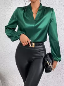 SHEIN Frenchy 燈籠袖緞面襯衫 - 墨綠色 - 查看 1