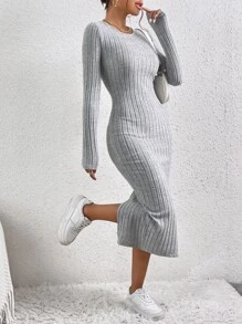 SHEIN Frenchy Solid Ribbed Knit Bodycon Dress - Grey - View 5