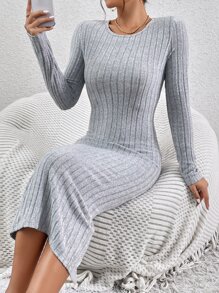 SHEIN Frenchy Solid Ribbed Knit Bodycon Dress - Grey - View 6