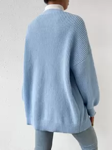 SHEIN EZwear 柔软针织开衫女式长袖前开休闲轻便外套冬季保暖加厚针织套衫外套、长袖上衣 - 淺藍色 - 查看 2