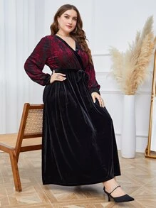 Modelyn Vestido de terciopelo burdeos con contraste de encaje, manga farol, cuello solapa y cinturón - Burdeos - Ver 6