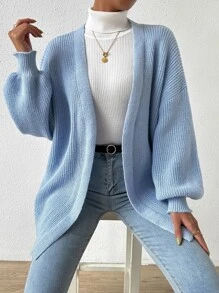 SHEIN EZwear 柔软针织开衫女式长袖前开休闲轻便外套冬季保暖加厚针织套衫外套、长袖上衣 - 淺藍色 - 查看 3