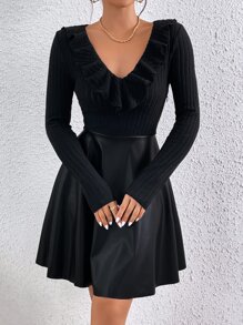 SHEIN Privé 荷葉邊條紋針織連衣裙不附腰帶 - 黑色 - 查看 3