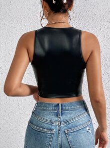 SHEIN BAE Solid Crop PU Tank Top - Black - View 2
