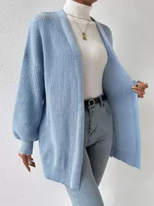 SHEIN EZwear 柔软针织开衫女式长袖前开休闲轻便外套冬季保暖加厚针织套衫外套、长袖上衣 - 淺藍色 - 查看 5