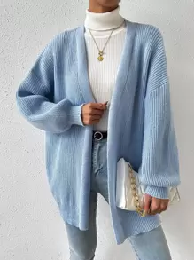 SHEIN EZwear 柔软针织开衫女式长袖前开休闲轻便外套冬季保暖加厚针织套衫外套、长袖上衣 - 淺藍色 - 查看 6