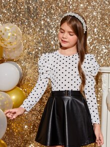 SHEIN 春夏季Tween女孩打點氣球袖休閒襯衫 - 白色 - 查看 1