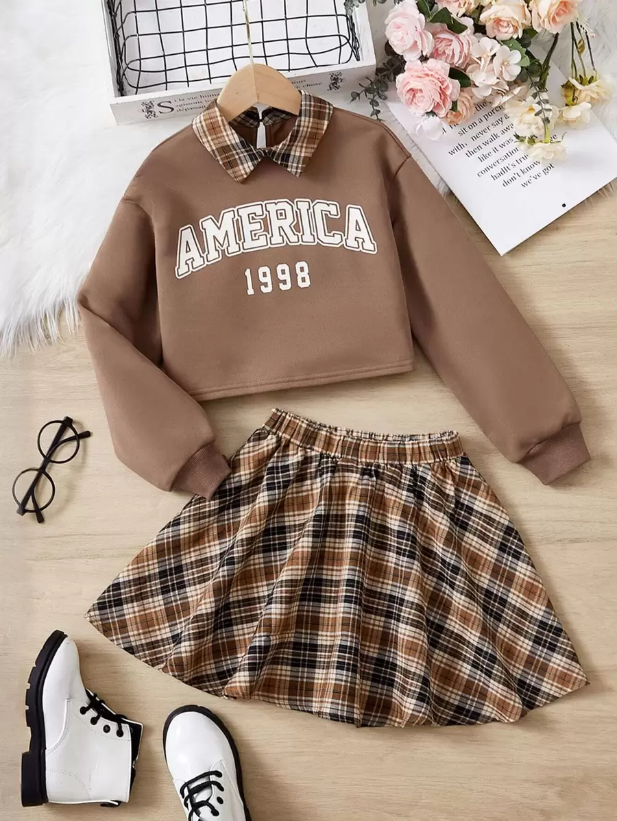 SHEIN Tween Girl Letter Graphic Drop Shoulder Sweatshirt & Tartan Skirt - Multicolor - View 1