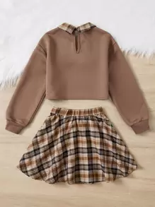 SHEIN Tween Girl Letter Graphic Drop Shoulder Sweatshirt & Tartan Skirt - Multicolor - View 2