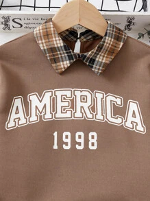 SHEIN Tween Girl Letter Graphic Drop Shoulder Sweatshirt & Tartan Skirt - Multicolor - View 4