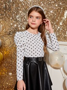 SHEIN 春夏季Tween女孩打點氣球袖休閒襯衫 - 白色 - 查看 3