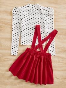 SHEIN Tween Girl Polka Dot & Heart Print Gigot Sleeve Tee & Suspender Skirt