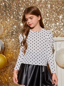 SHEIN 春夏季Tween女孩打點氣球袖休閒襯衫 - 白色 - 查看 4