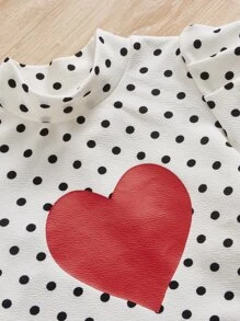 SHEIN Tween Girl Polka Dot & Heart Print Gigot Sleeve Tee & Suspender Skirt