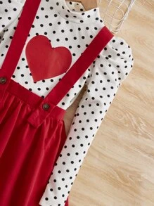SHEIN Tween Girl Polka Dot & Heart Print Gigot Sleeve Tee & Suspender Skirt