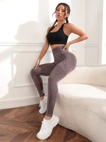 Yoga Basic Yoga Leggings Marled Knit Seamless Tummy Control Gym Tights - Mauve Purple - View 3