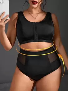 Plus Contrast Mesh Zip Up Sports Bra & Panty - Black - View 5