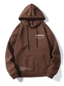 Manfinity Hypemode Men Slogan Graphic Kangaroo Pocket Drawstring Thermal Hoodie - Coffee Brown - View 1