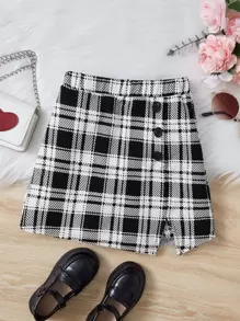 SHEIN Girls Plaid Print Button Front Skort - Black and White - View 1