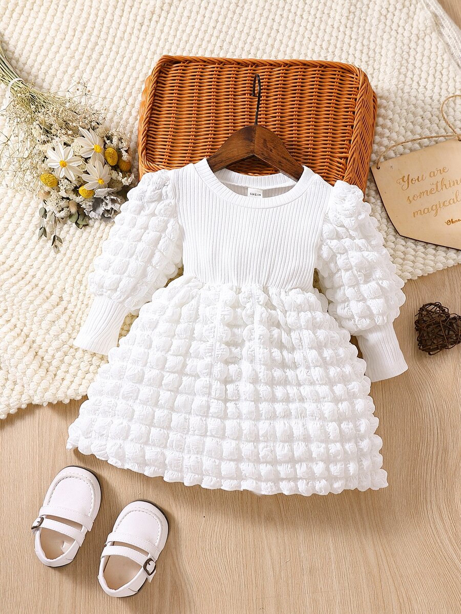 Baby Textured Puff Sleeve Dress - White - View 1
