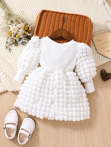 Baby Textured Puff Sleeve Dress - White - View 2