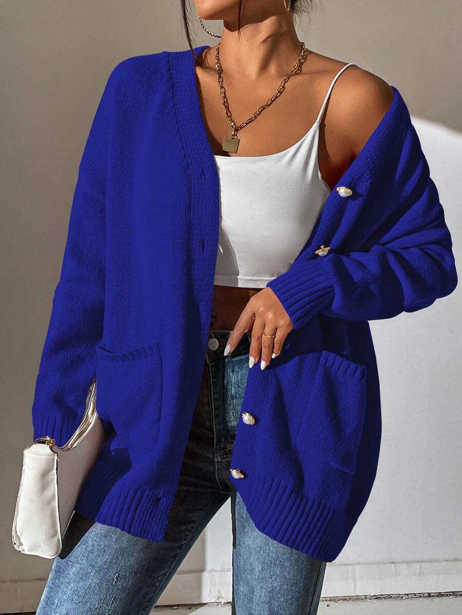 SHEIN Frenchy Cárdigan con doble bolsillo de hombros caídos - azul real - Ver 1