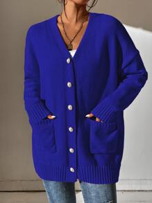 SHEIN Frenchy Cárdigan con doble bolsillo de hombros caídos - azul real - Ver 4