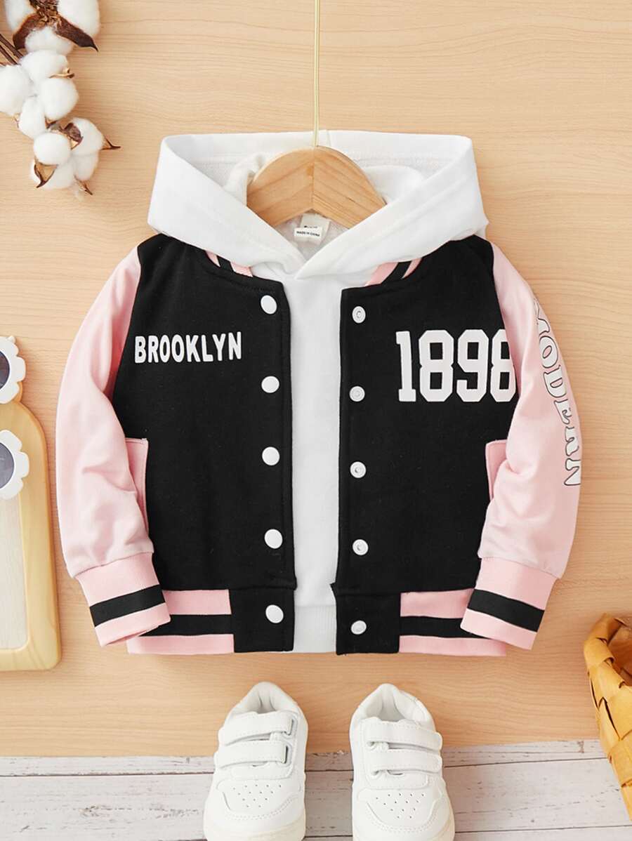 Bebé Cazadora de universidad con estampado de letra ribete de rayas sin capucha - Multicolor - Ver 1