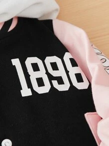 Bebé Cazadora de universidad con estampado de letra ribete de rayas sin capucha - Multicolor - Ver 4