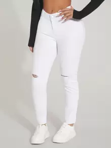 SHEIN SXY Ripped Skinny Jeans - White - View 1