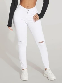 SHEIN SXY Ripped Skinny Jeans - White - View 4