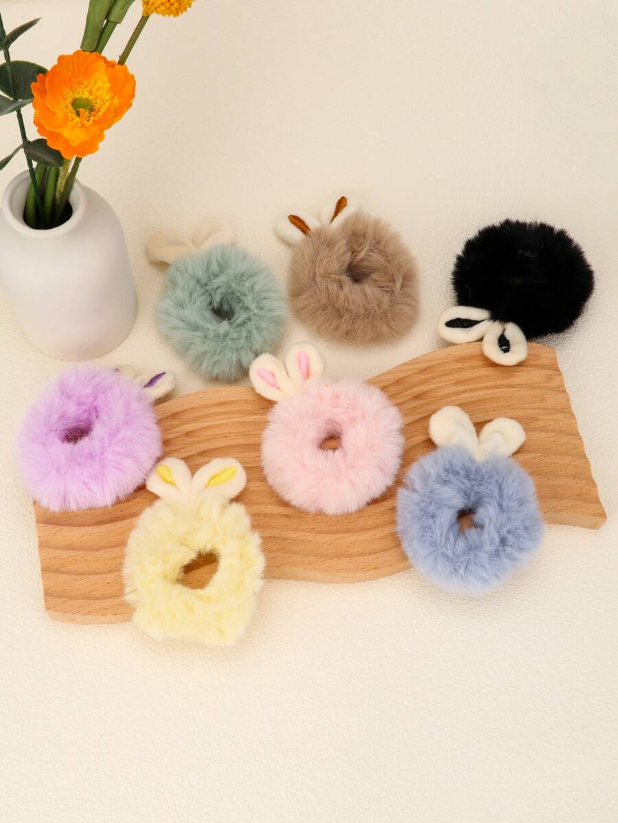 7入組兔耳朵裝飾毛茸茸髮圈