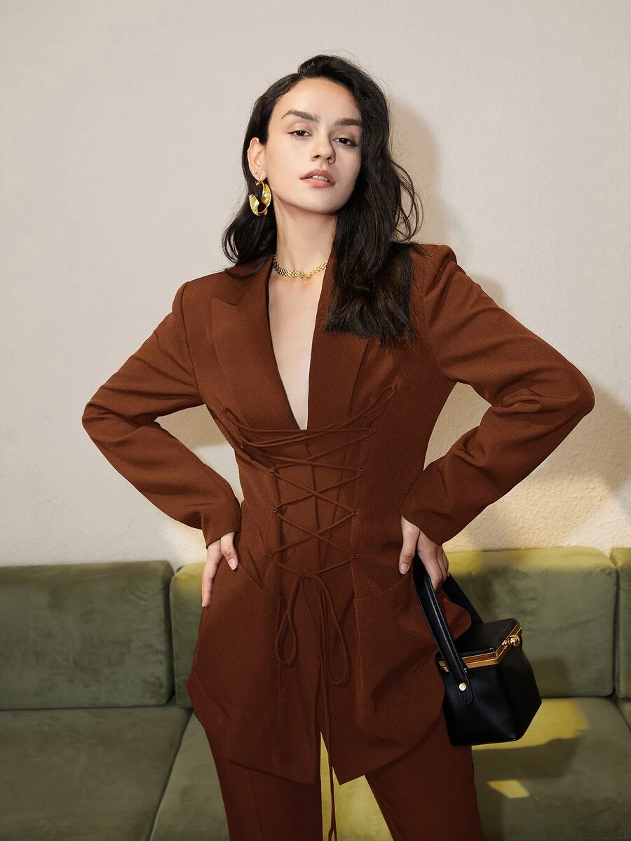 Lace Up Front Solid Blazer - Coffee Brown - View 1