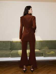 Lace Up Front Solid Blazer - Coffee Brown - View 2
