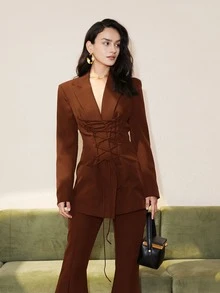 Lace Up Front Solid Blazer - Coffee Brown - View 3